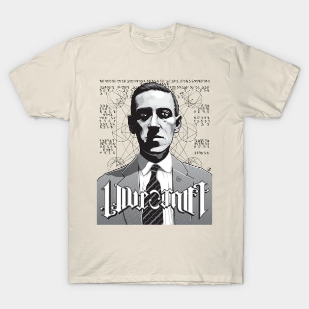 HP Lovecraft Ambigram Portrait - Black Text T-Shirt by Fire Forge GraFX